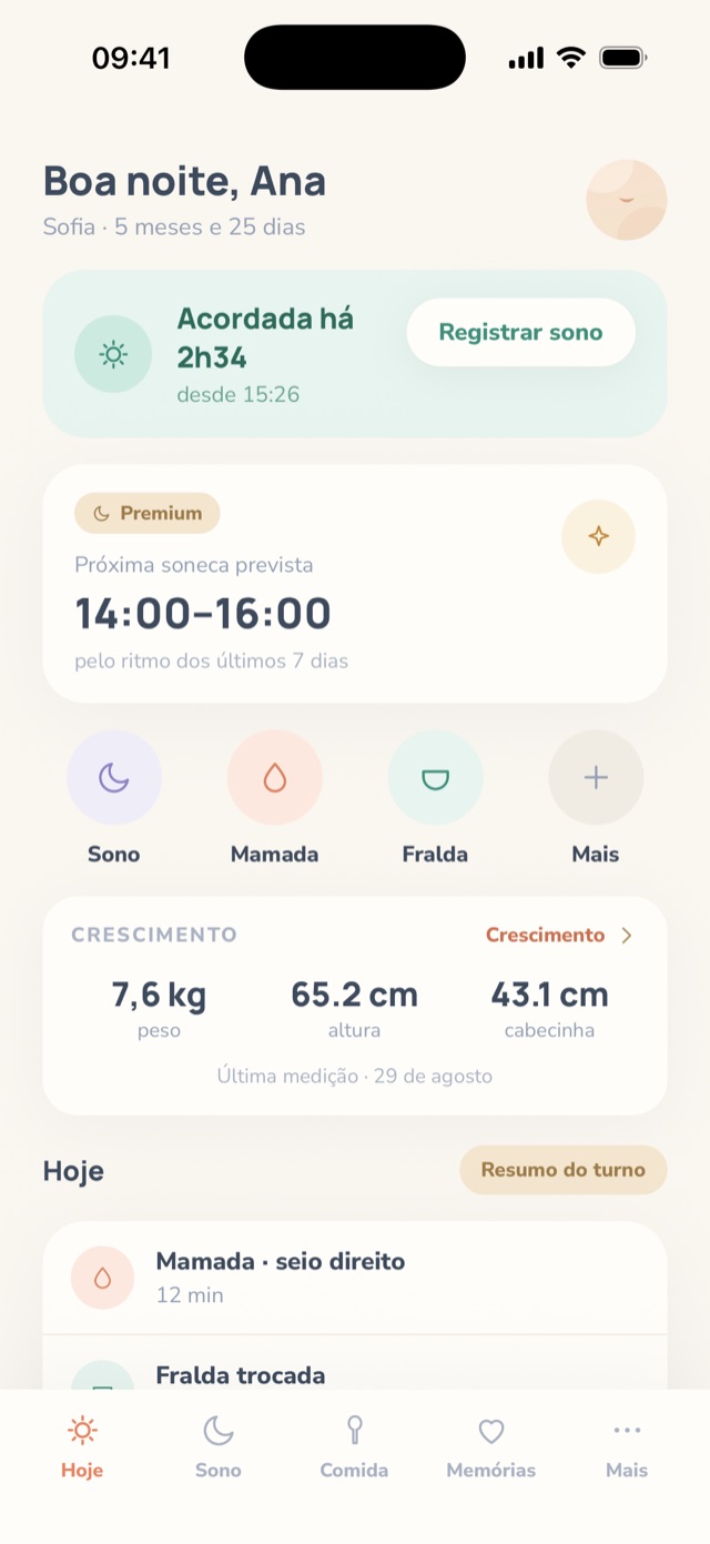 Tela Hoje do Kanoa: sono, mamada e fralda em dois toques