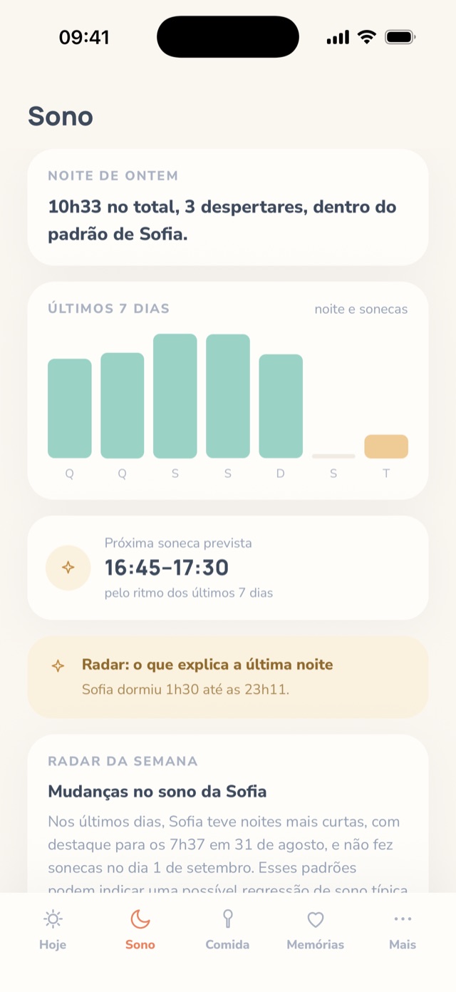 Painel de sono do Kanoa com previsão da próxima soneca